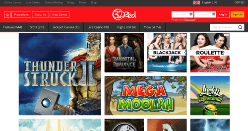 A screenshot of the 32Red casino homepage