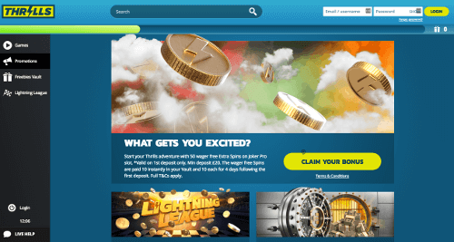 A screenshot of the Thrills casino homepage