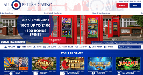 A screenshot of the AllBritish Casino homepage