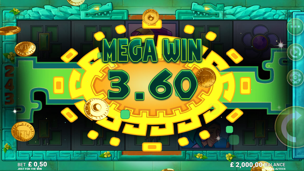 A screenshot of a Mega Win on the Amazing Aztecs slot game