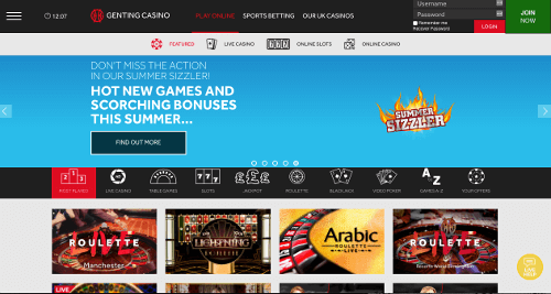 A screenshot of the Genting Casino Homepage