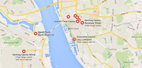 A map containing the Casinos in Liverpool