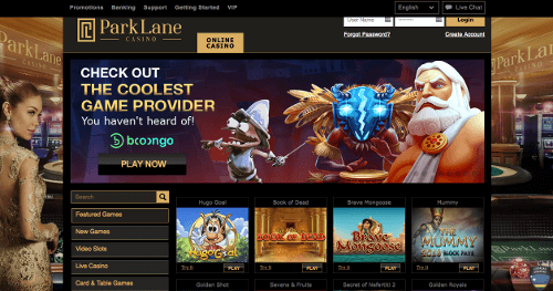 A screenshot of the Park Lane Casino homepage