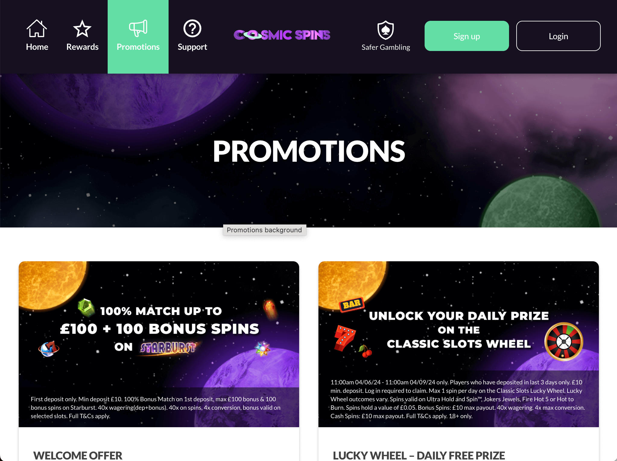 Cosmic Spins bonuses and promotions