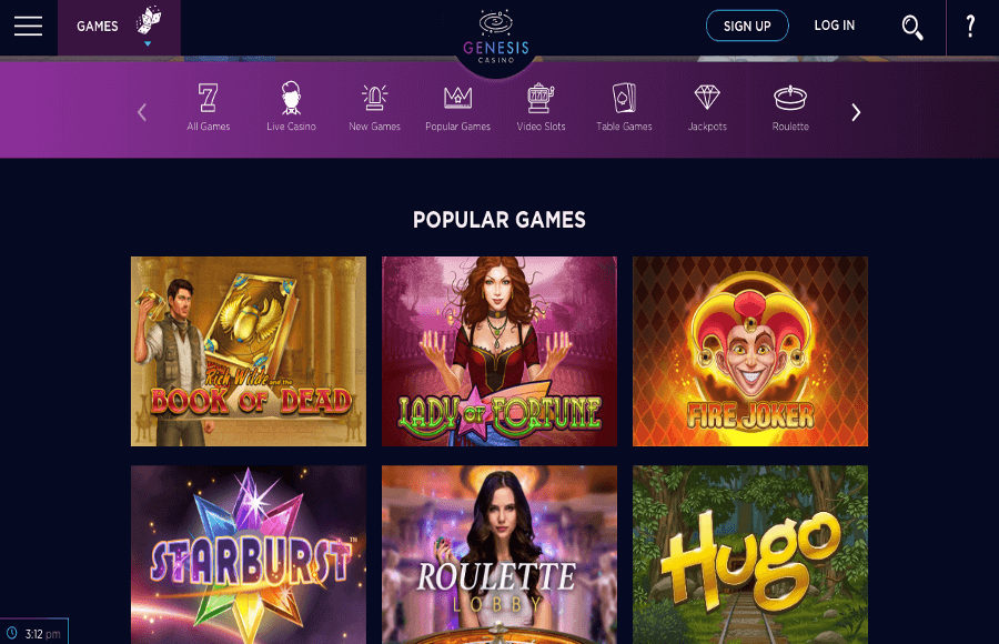 A screenshot of the genesis casino games page