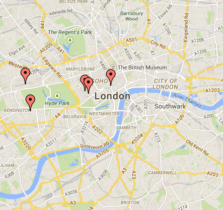 A map of London with Location tags