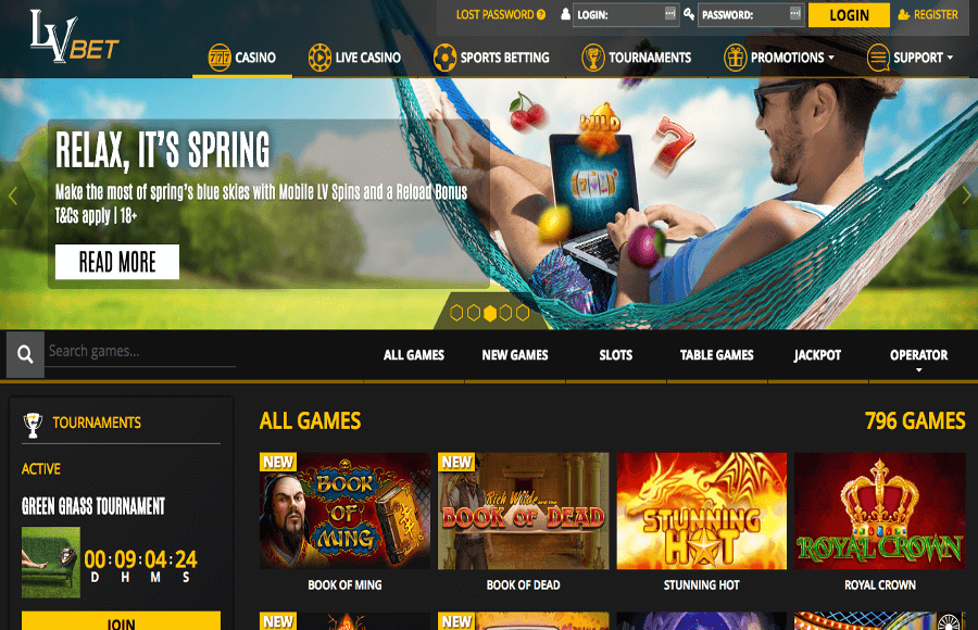 A screenshot of the LVBet casino homepage